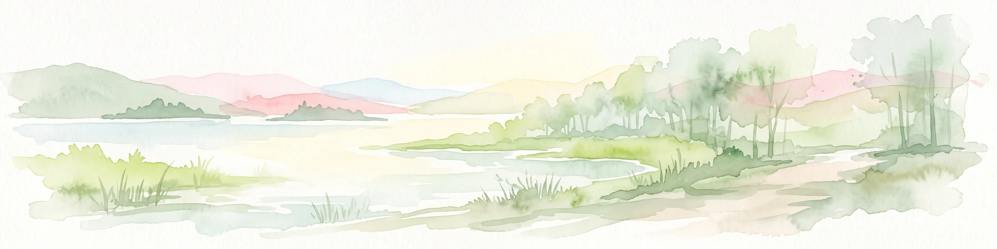 A soft watercolor painting of a wetland landscape with a gentle shoreline, grassy foreground, scattered trees, and distant hills under a pale sky.