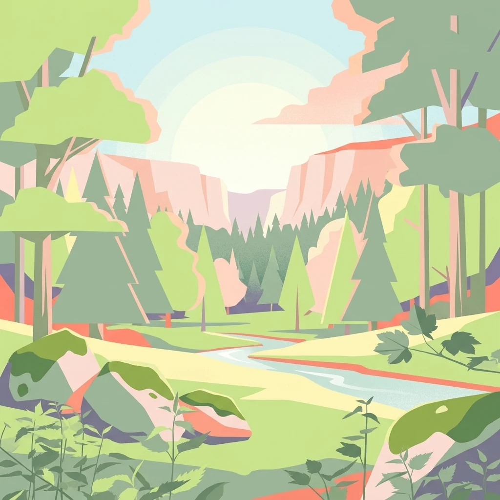 Una ilustración estilizada que muestra un río sereno y serpenteante que fluye a través de un valle boscoso con colinas suaves y colores pastel claros.
