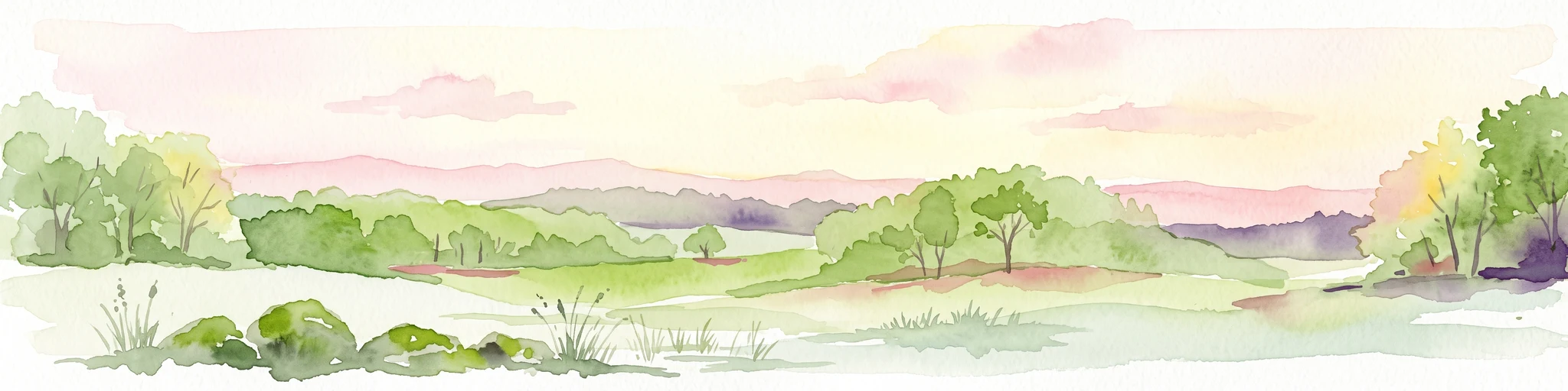 A horizontal watercolor illustration of a soft green landscape with meadows, scattered trees, and distant rolling hills under a pale pink sky.