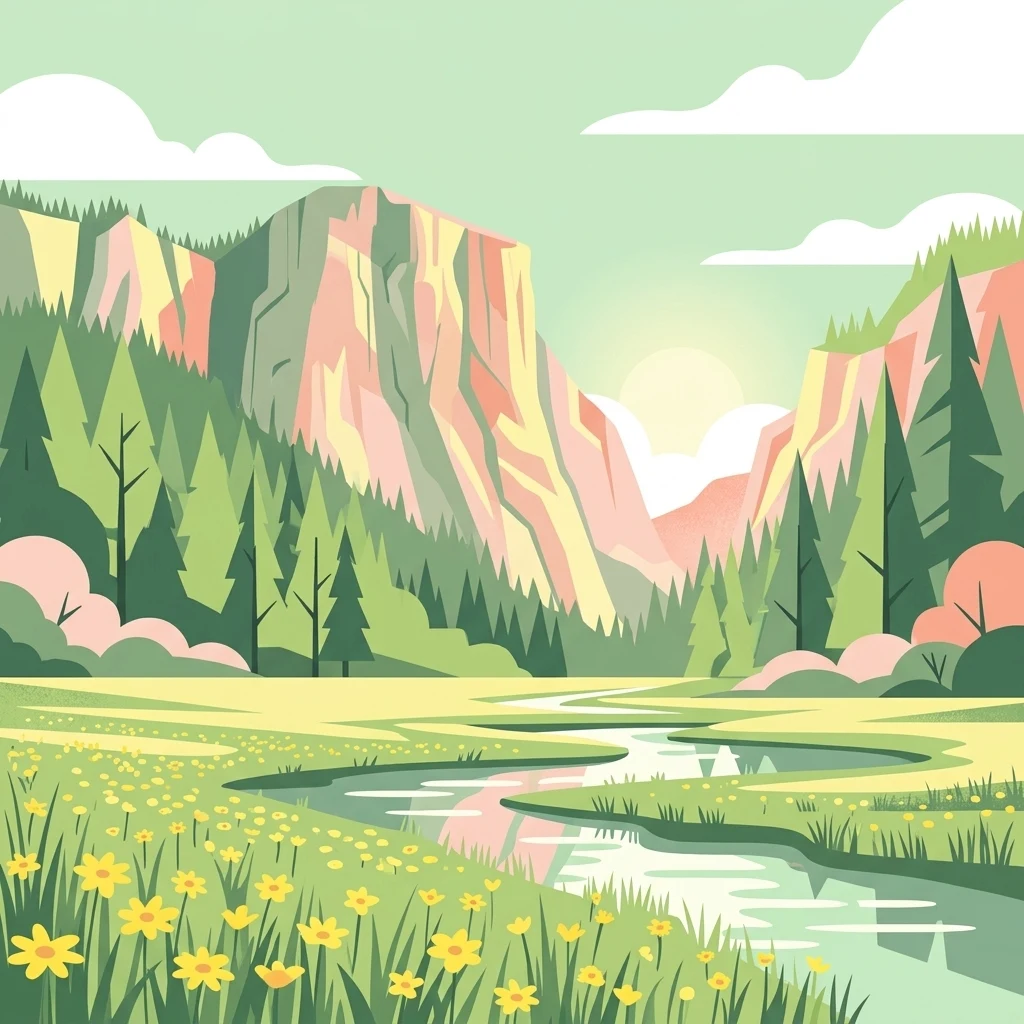 A digital illustration showing a green valley with a winding river, yellow flowers in the foreground, pine trees, and large rocky cliffs in the background under a cloudy sky.