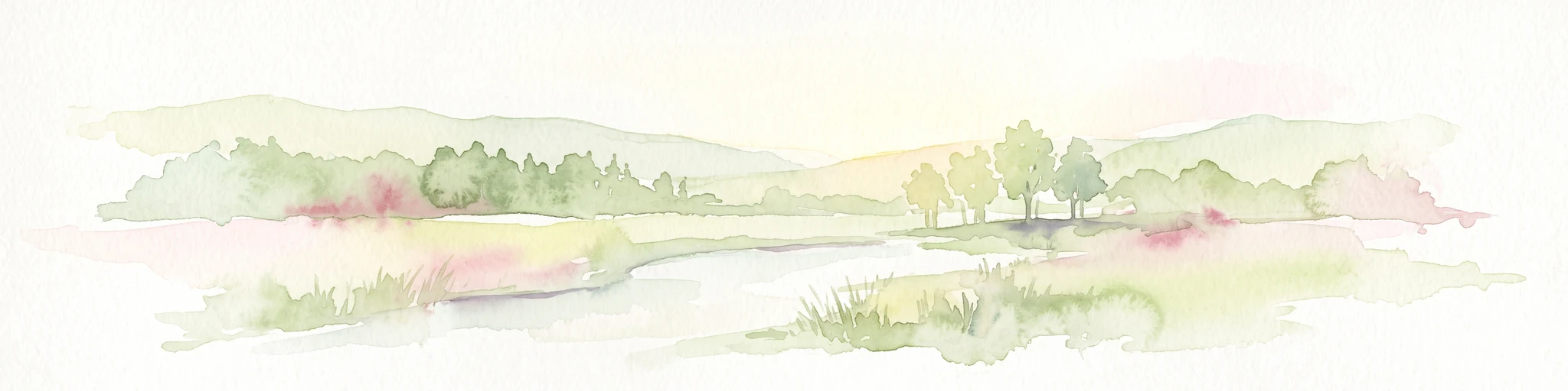 Una pintura de acuarela panorámica que muestra un río fluyendo a través de un prado verde con árboles y colinas en la distancia.