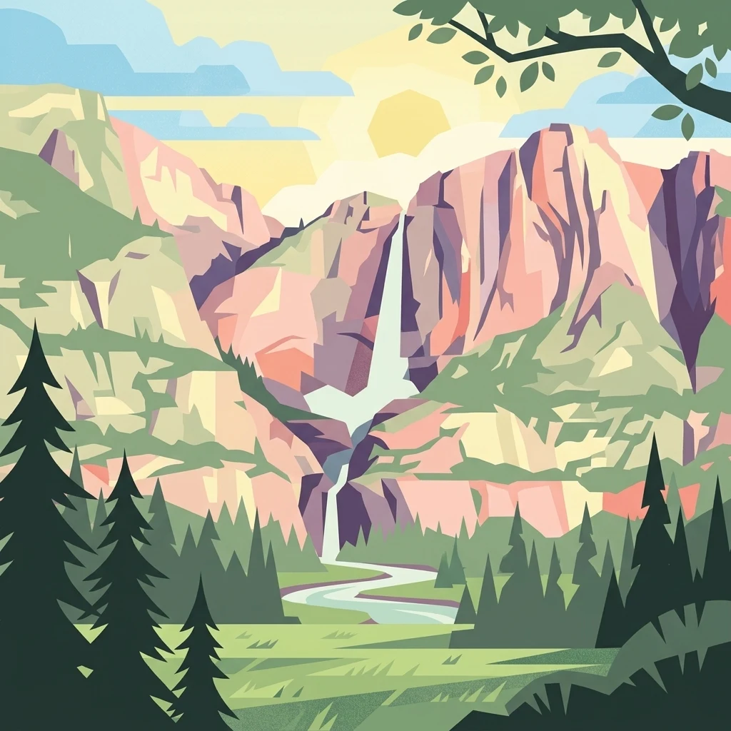 An artistic, stylized graphic illustration of a mountain valley featuring a prominent waterfall, a river flowing through a forested foreground, and a sunrise, rendered in a flat, geometric design style.