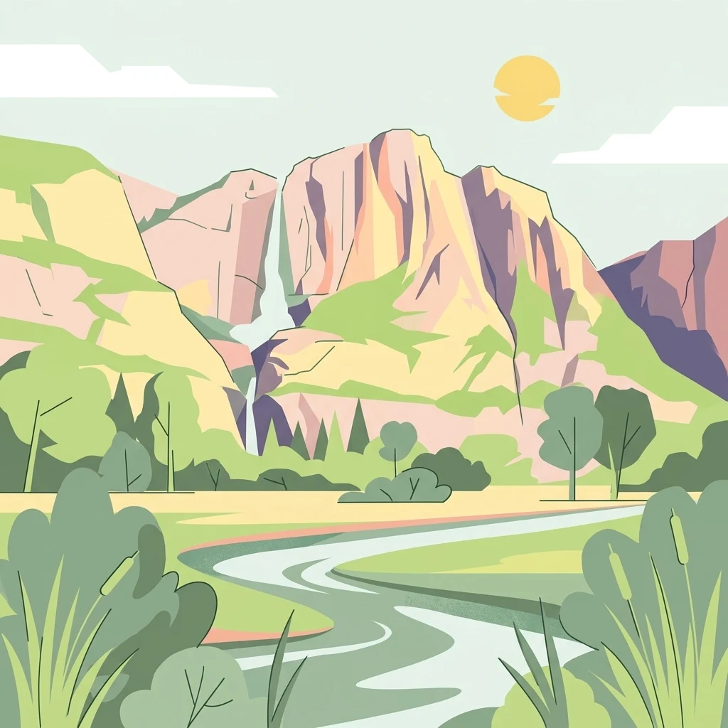 A flat-design digital illustration showing a winding river in the foreground, with trees and bushes along the banks, leading toward a tall waterfall flowing between large, rocky mountains under a stylized sun.