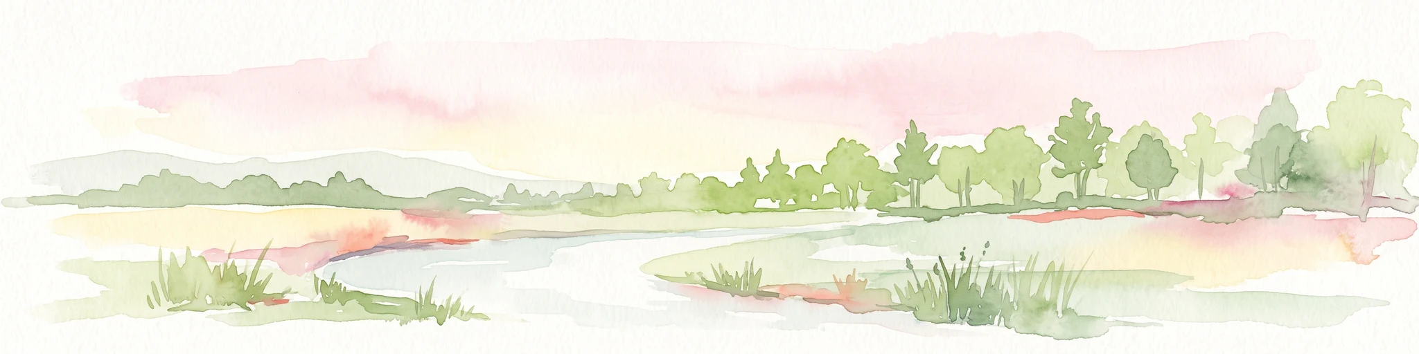 A soft, light-toned watercolor painting of a wetland landscape featuring a small stream, grassy banks, and a treeline under a pale pink sky.