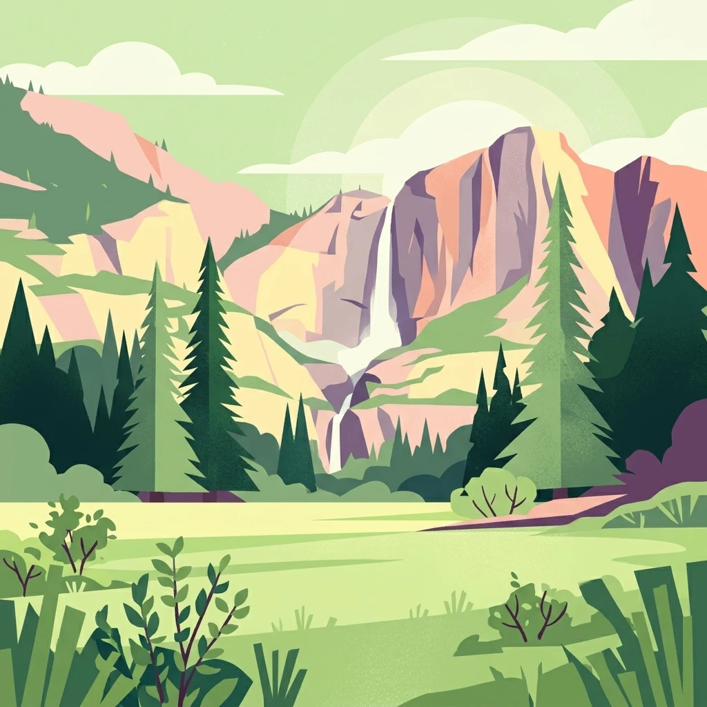 A stylized vector illustration of a valley featuring jagged mountains, a two-tiered waterfall, and evergreen trees in a meadow.