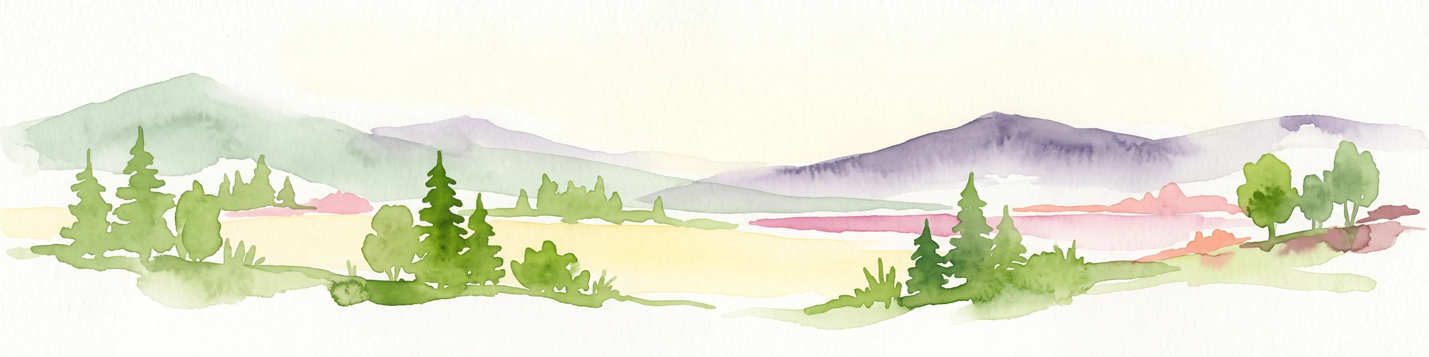 A horizontal watercolor illustration of a landscape with green pine trees in the foreground, a pale yellow meadow, and soft purple and green rolling mountains in the background against a white background.