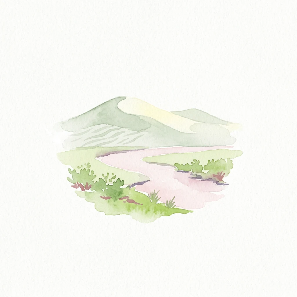 Watercolor illustration of rolling green hills, a winding pinkish stream, and small vegetation patches