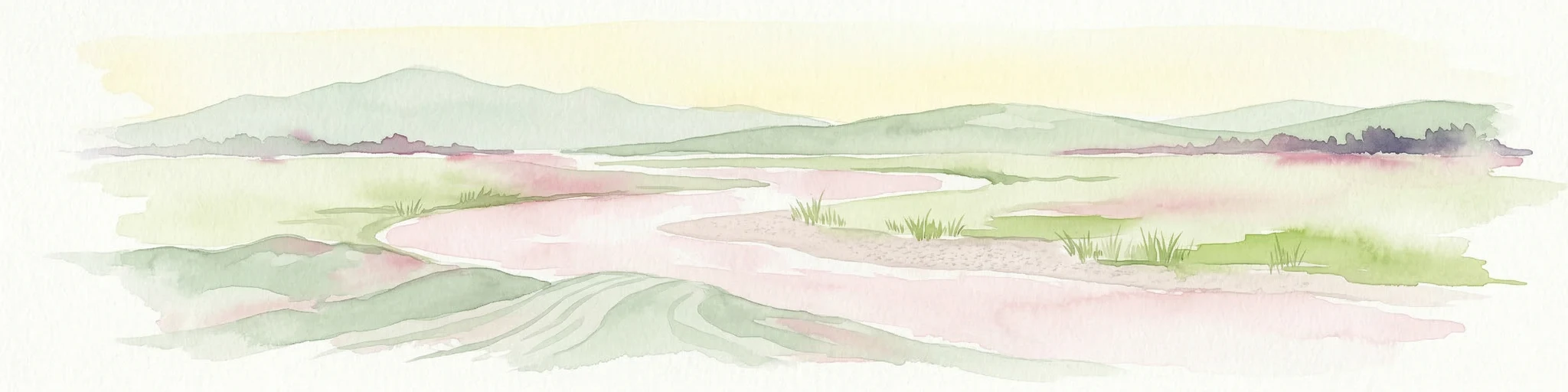Ilustración acuarela de colinas ondulantes, un río sinuoso y montañas distantes bajo un cielo pálido