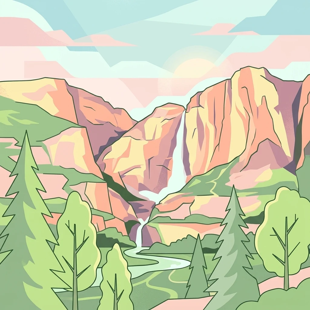 Una ilustración gráfica de un paisaje montañoso con una alta cascada que se precipita entre acantilados, fluyendo hacia un río abajo, rodeada de pinos y árboles de hoja caduca en un estilo suave y geométrico.