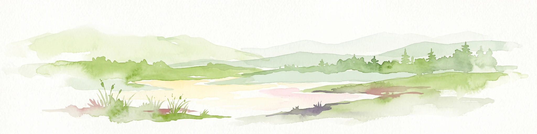 Una pintura en acuarela que muestra un paisaje verde suave con colinas onduladas, un pequeño estanque y árboles sobre un fondo blanco.