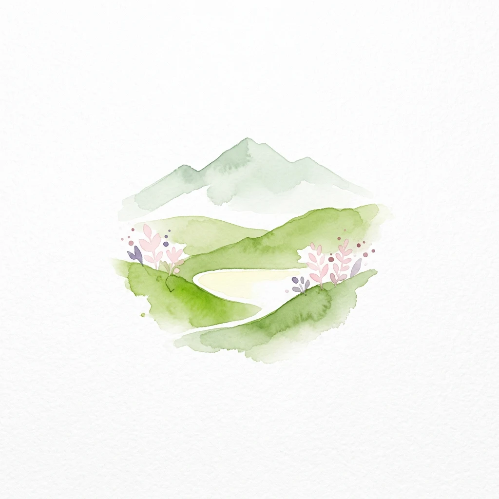 Watercolor illustration of green rolling hills, pink and purple flowers, and distant mountains with a winding path