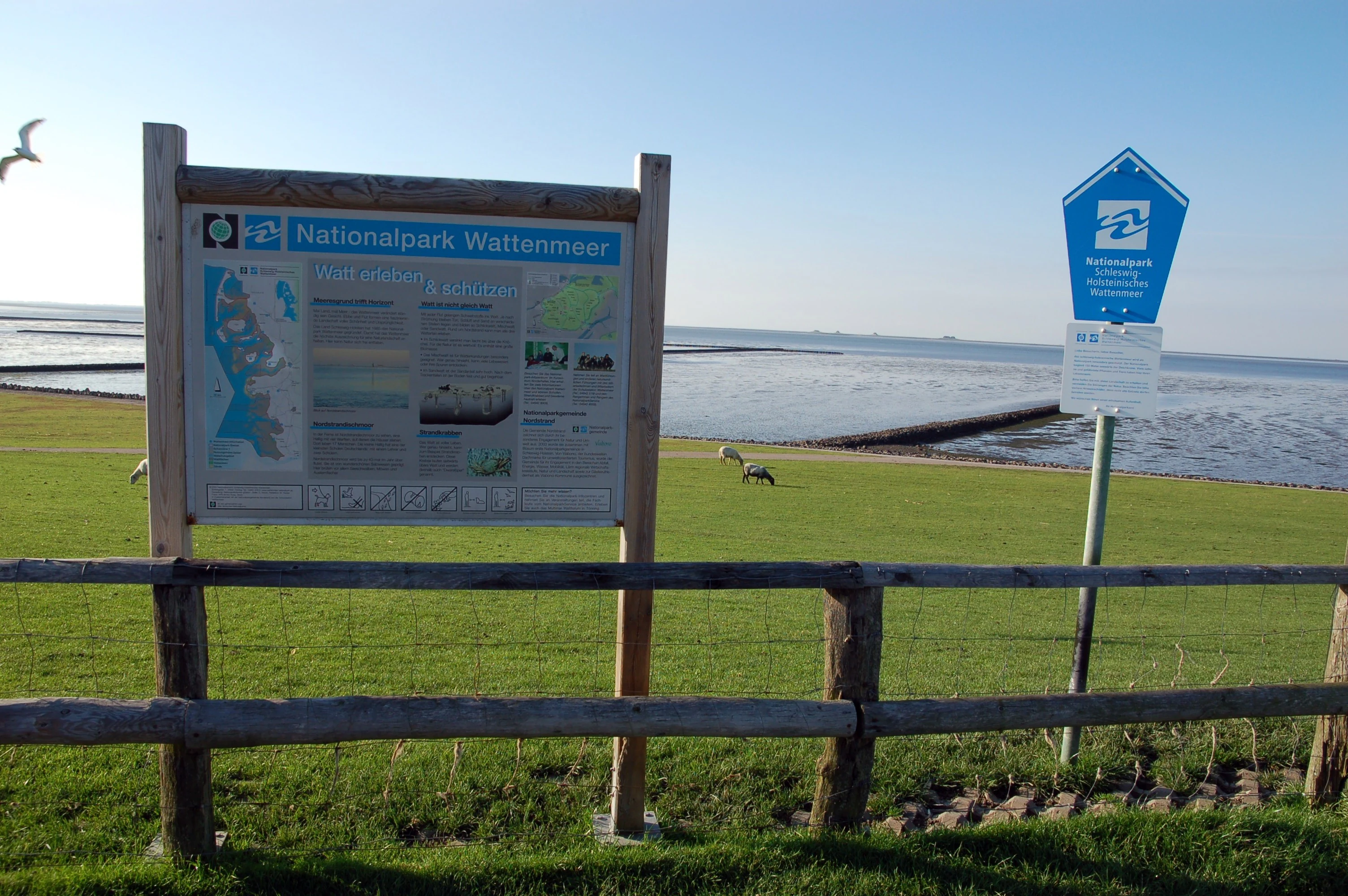 Wooden signboard displaying park information for Nationalpark Wattenmeer, blue directional sign, wooden fence, grassy field, and coastal water in background.