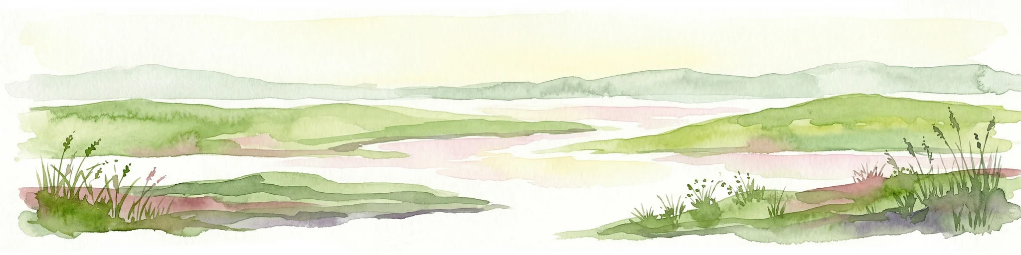 Ilustración en acuarela de un paisaje con colinas verdes, una masa de agua y zonas verdes en primer plano