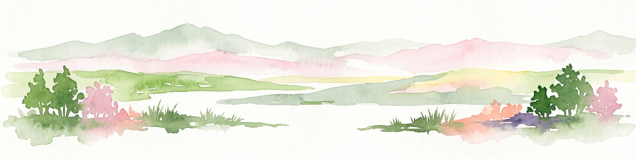 A minimalist watercolor painting showing stylized green trees and rolling hills against a pale, soft-colored background.