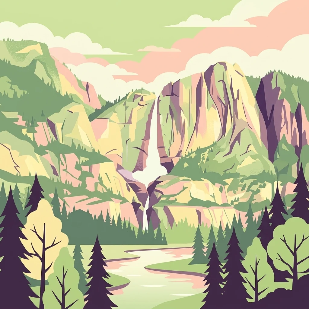 A colorful flat-design illustration of a high mountain range with a tall waterfall, a winding river in the foreground, and surrounding pine forests.