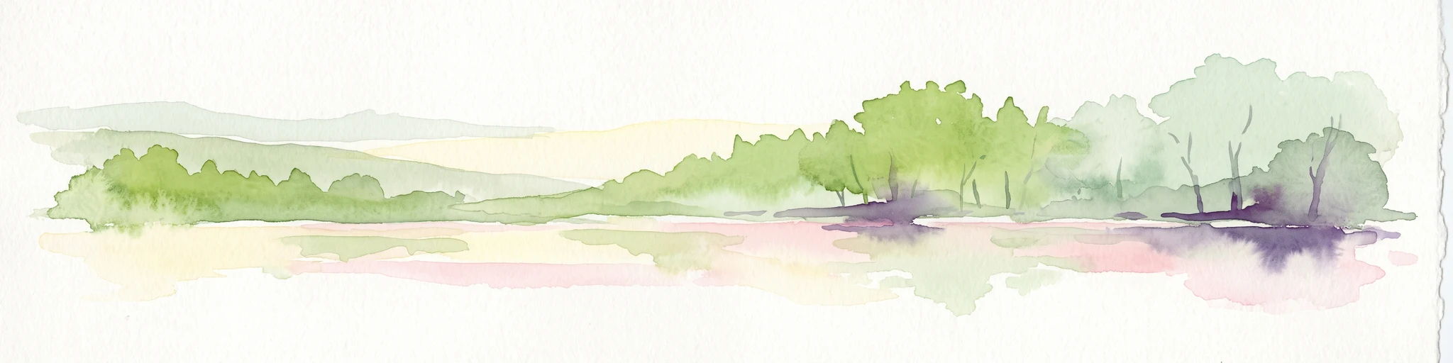 A watercolor painting showing a horizontal landscape of green trees and reflected water against a light, misty background.