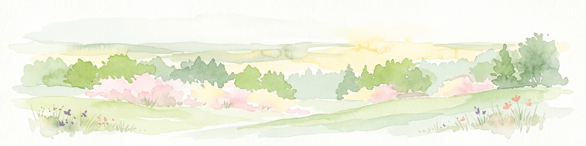 A soft watercolor painting of a rolling countryside landscape featuring green trees, pink flowering bushes, and a meadow under a bright, light-filled sky.