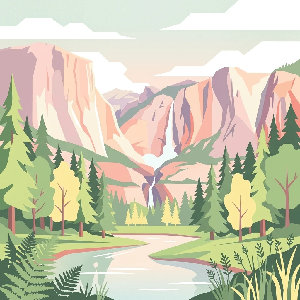 A flat-style digital illustration of a mountain valley featuring towering cliffs, a cascading waterfall, a river in the foreground, and pine trees.