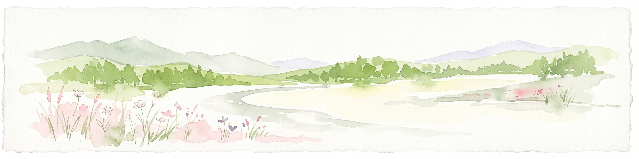 A watercolor painting showing a wide, panoramic landscape of a gently curving path or stream, green forests, and soft rolling hills in the background, with wildflowers in the foreground.