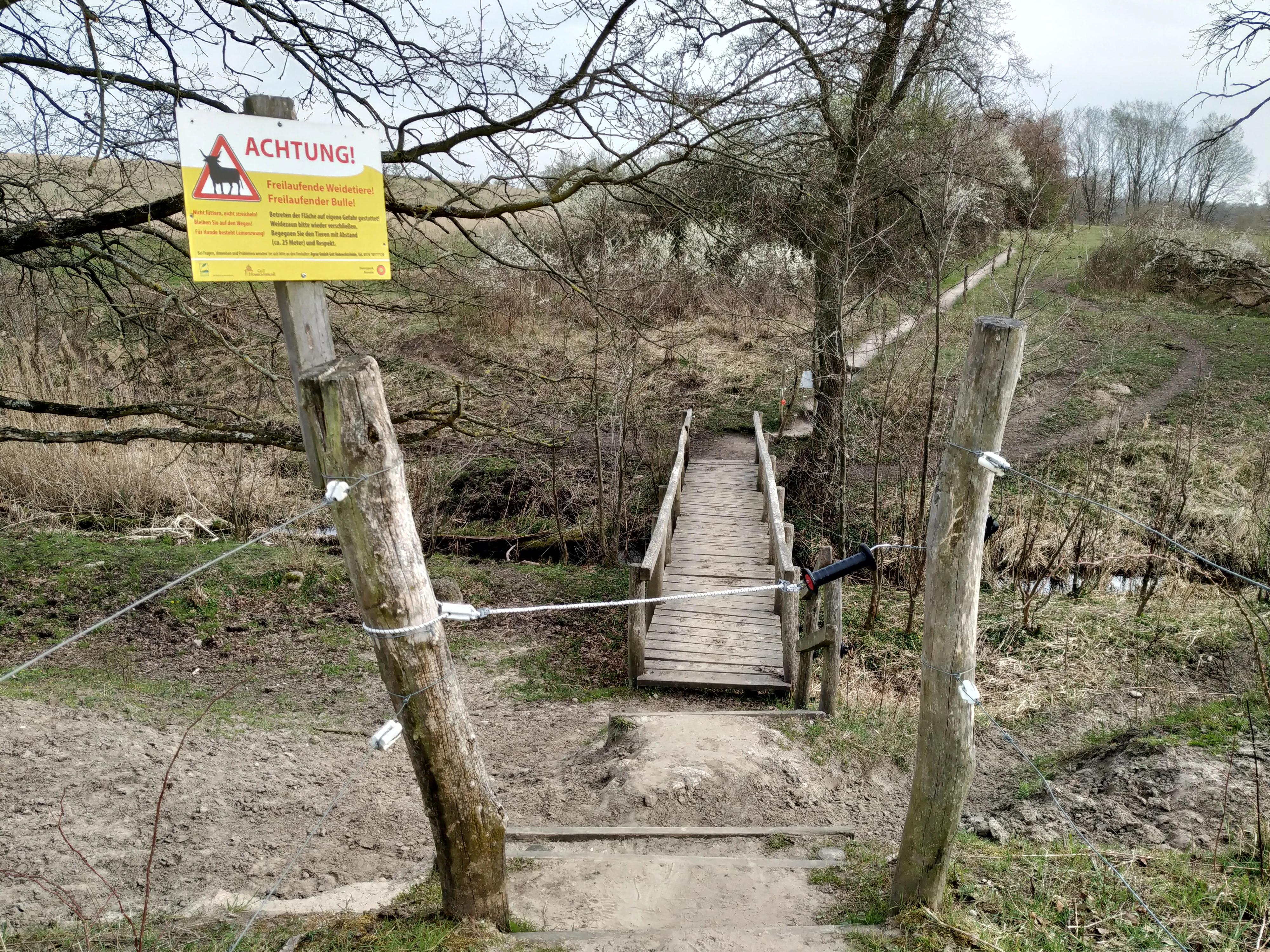 A small wooden footbridge crossing a stream in a nature reserve, with a yellow warning sign attached to a wooden post in the foreground.