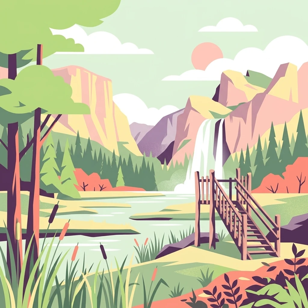 Ilustración plana de estilo vectorial que muestra un estanque con una plataforma de puente de madera, espadañas en primer plano, árboles coníferos, una cascada y montañas bajo un cielo pastel.
