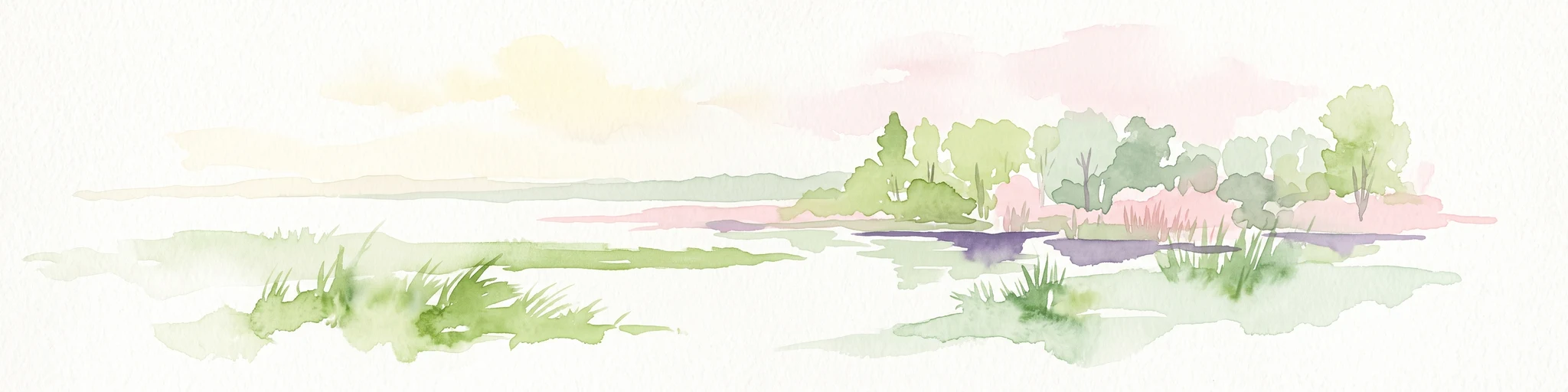 A soft watercolor painting featuring green grasses in the foreground, calm water, and a tree line along the horizon.