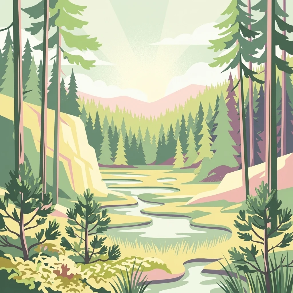 A stylized, flat-design illustration of a forest bog landscape with coniferous trees, a winding marshy stream, and soft hills in the background under a sunrise.