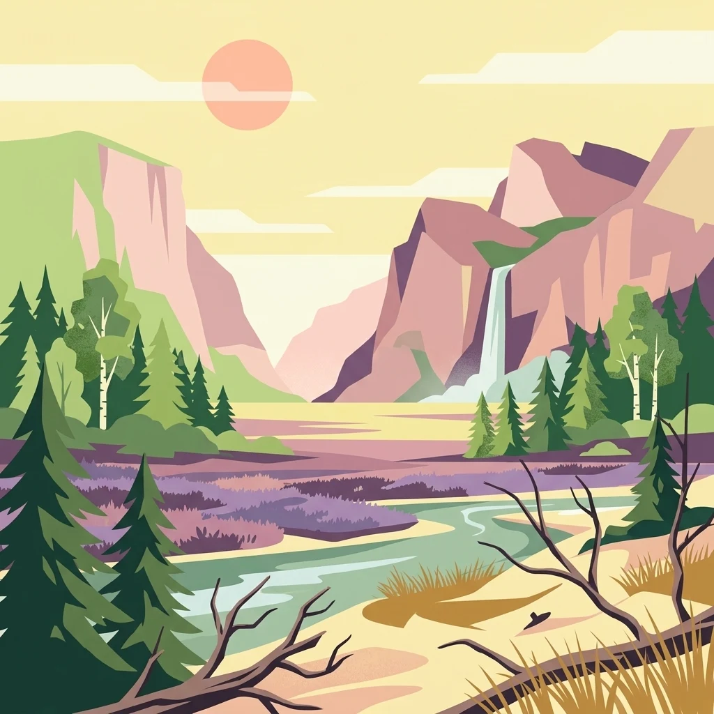 A flat vector-style illustration of a landscape with a river flowing through a valley surrounded by rocky cliffs, pine trees, a waterfall, and a setting sun.