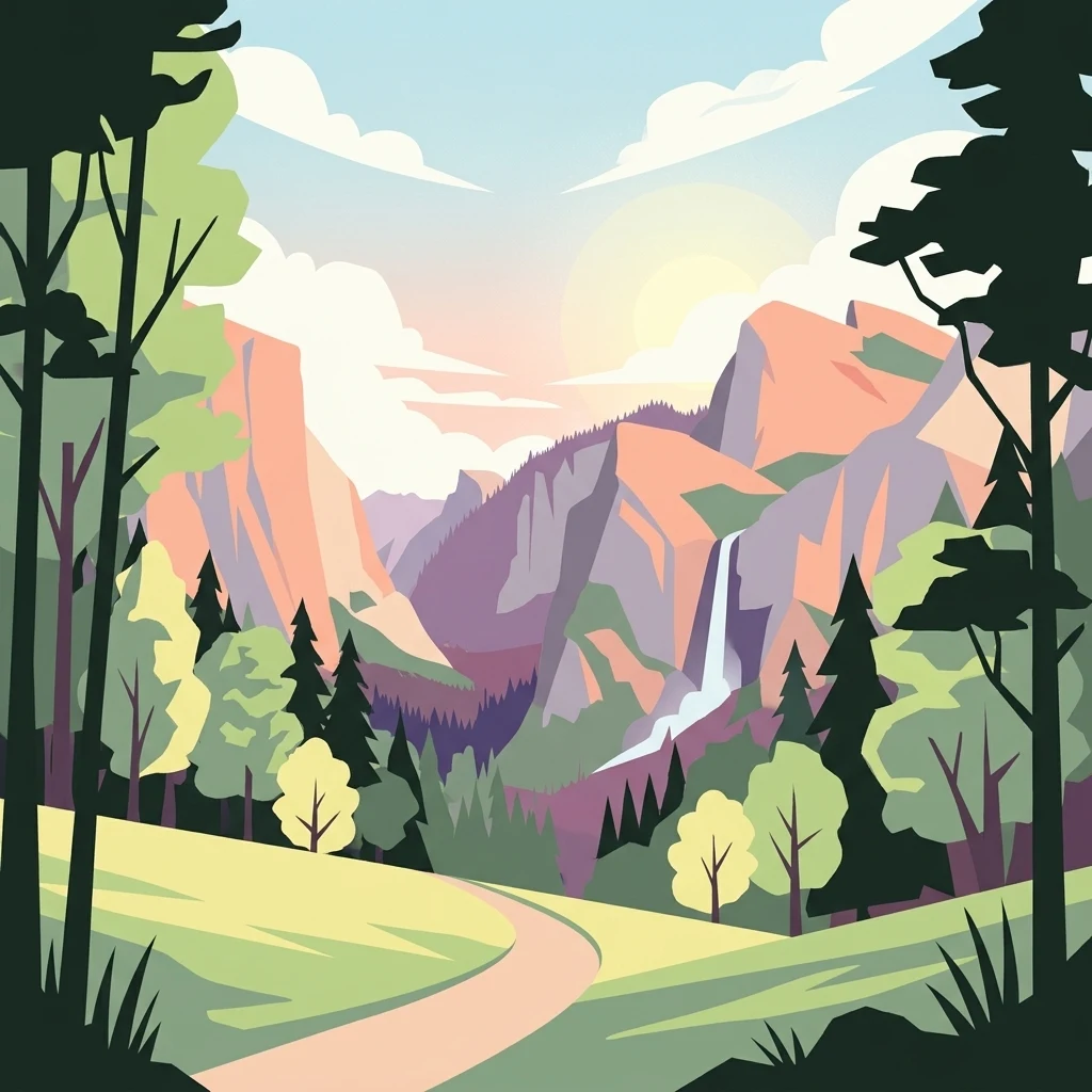 A flat-style digital illustration showing a mountain valley scene with a winding path in the foreground, coniferous trees, rocky mountain peaks, and a waterfall flowing down a cliff in the background.