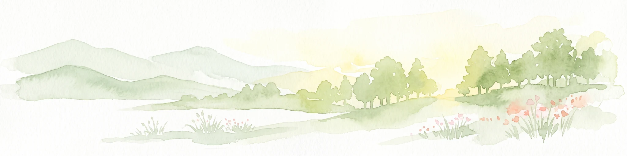 Watercolor painting of a light and airy landscape featuring green rolling hills, a cluster of trees, and wildflowers in the foreground against a pale sky.
