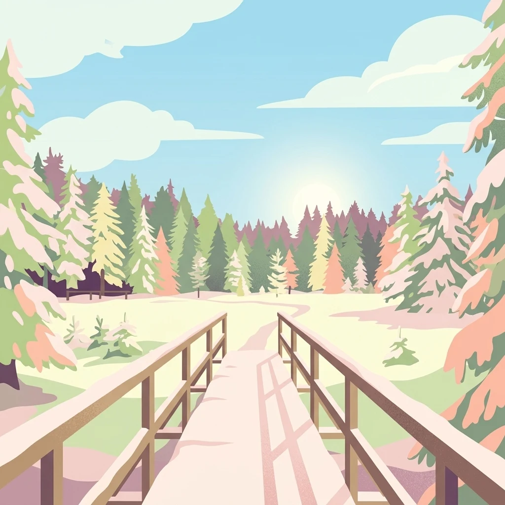 A digital illustration of a wooden boardwalk extending from the foreground into a snow-covered forest clearing under a bright blue sky.