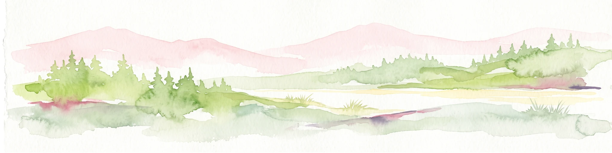 A soft watercolor illustration of a bog landscape featuring layers of green coniferous trees, a flat horizon, and distant, faint pink hills against a white background.