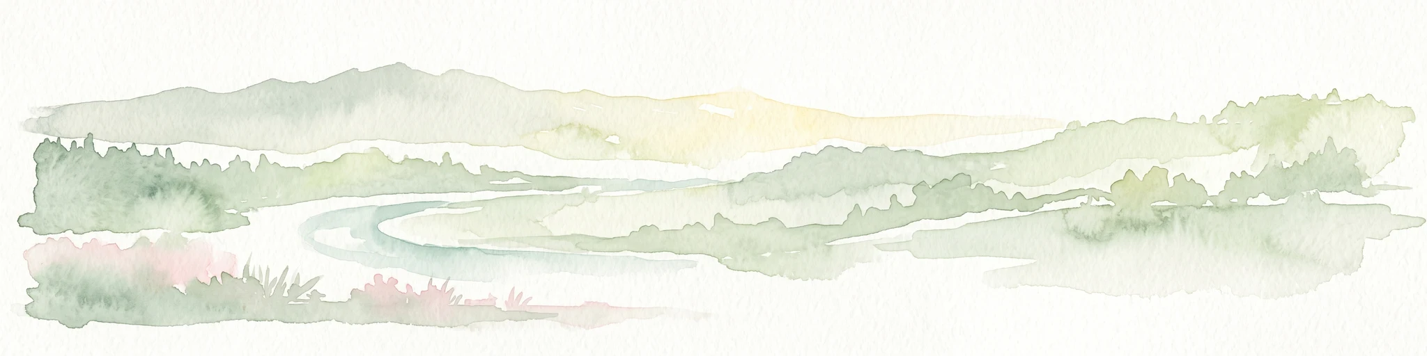 A soft watercolor painting of a winding river surrounded by grassy plains and distant hills, rendered in pale greens and neutral tones.