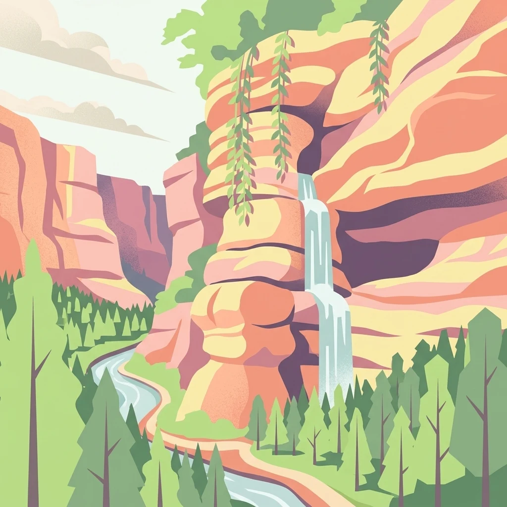 A stylized flat illustration of a canyon or gorge with sandstone cliffs, a waterfall, and a winding river surrounded by evergreen trees.