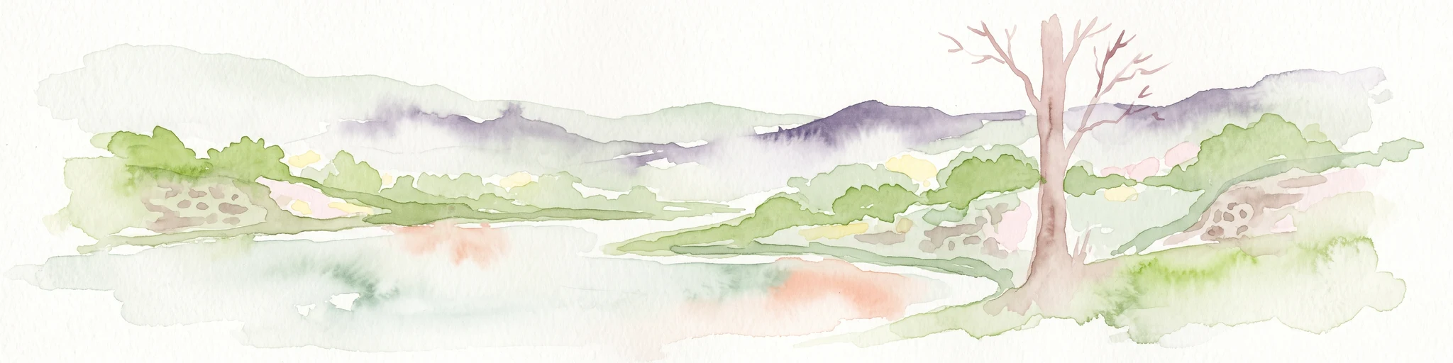 A soft, light-toned watercolor illustration of a river landscape with rolling hills in the background and a lone tree in the foreground.