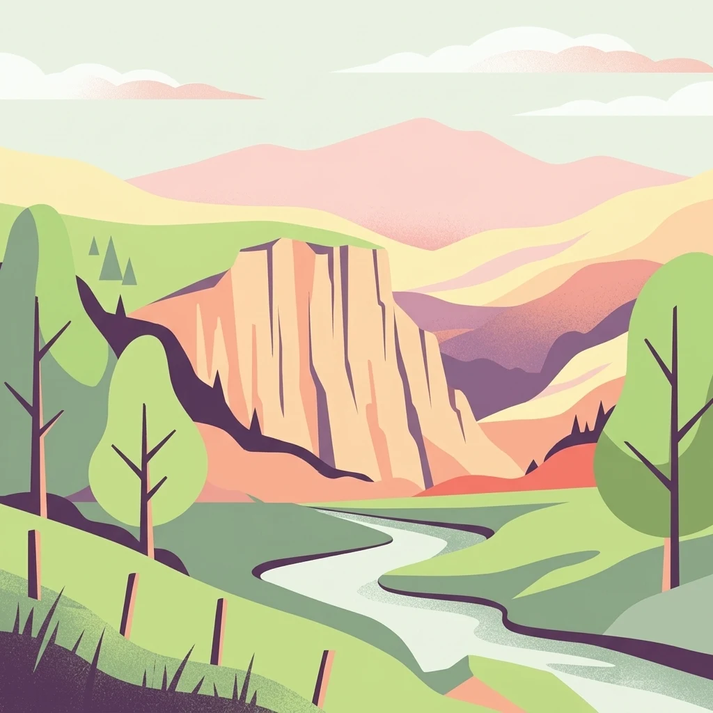 A flat-design, digital illustration showing a meandering river flowing through a lush green valley toward a large, craggy cliff face under a soft sky.