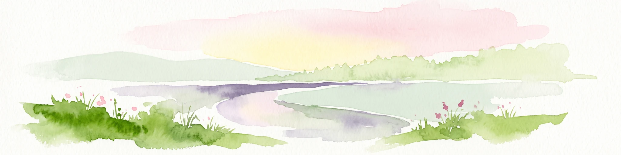 A watercolor illustration of a gentle winding stream flowing through a lush green valley at dawn or dusk.