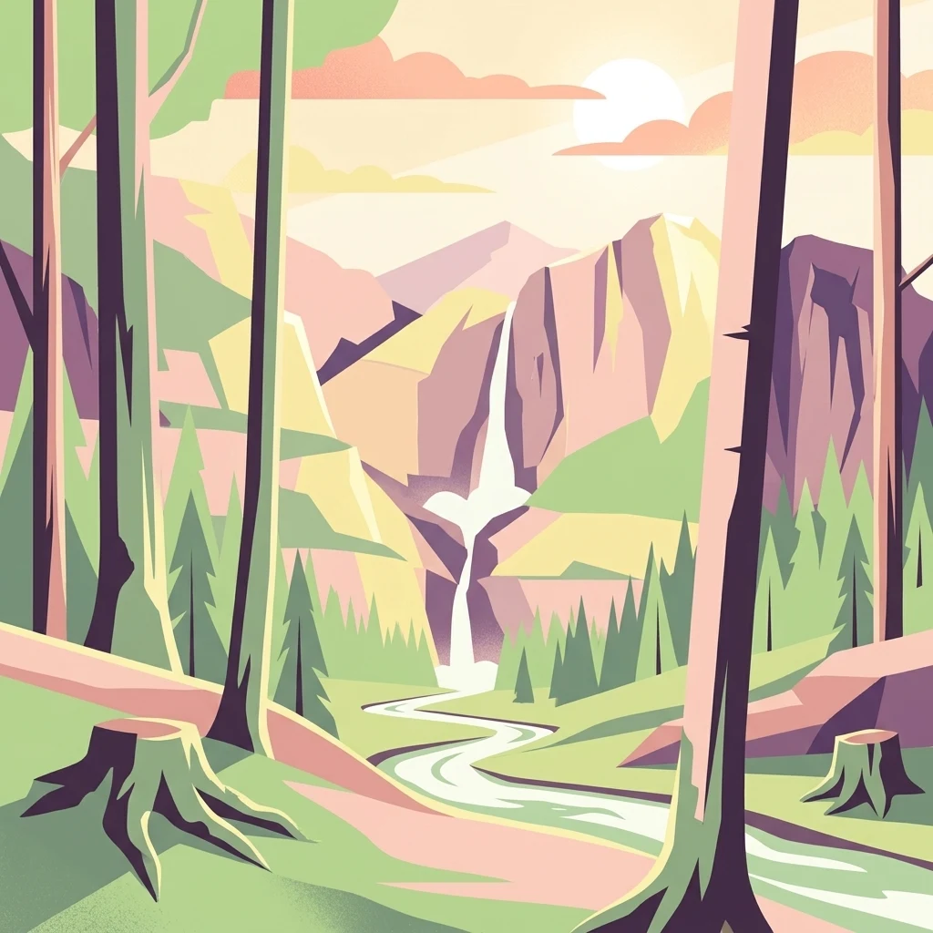 Digital illustration of a forested valley with tree stumps in the foreground, a winding stream in the midground, and a waterfall cascading down rocky mountains in the background under a setting sun.