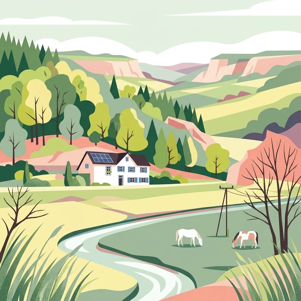 Una ilustración digital colorida que muestra un valle fluvial con una casa de campo blanca, colinas onduladas, árboles coníferos y caducifolios, y dos caballos pastando en un prado en primer plano.