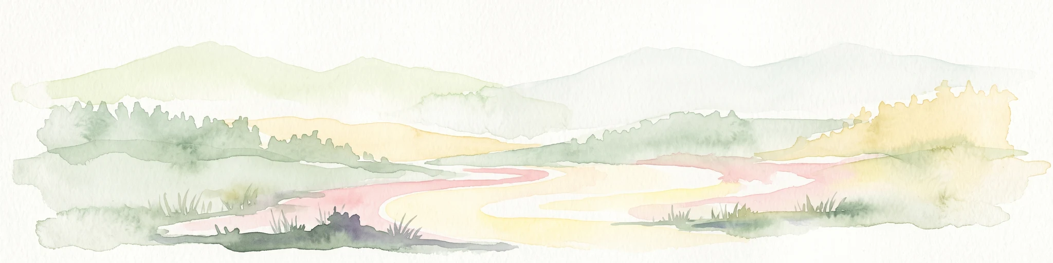 Watercolor painting of a rolling landscape with soft green hills, forest patches, and a winding stream.