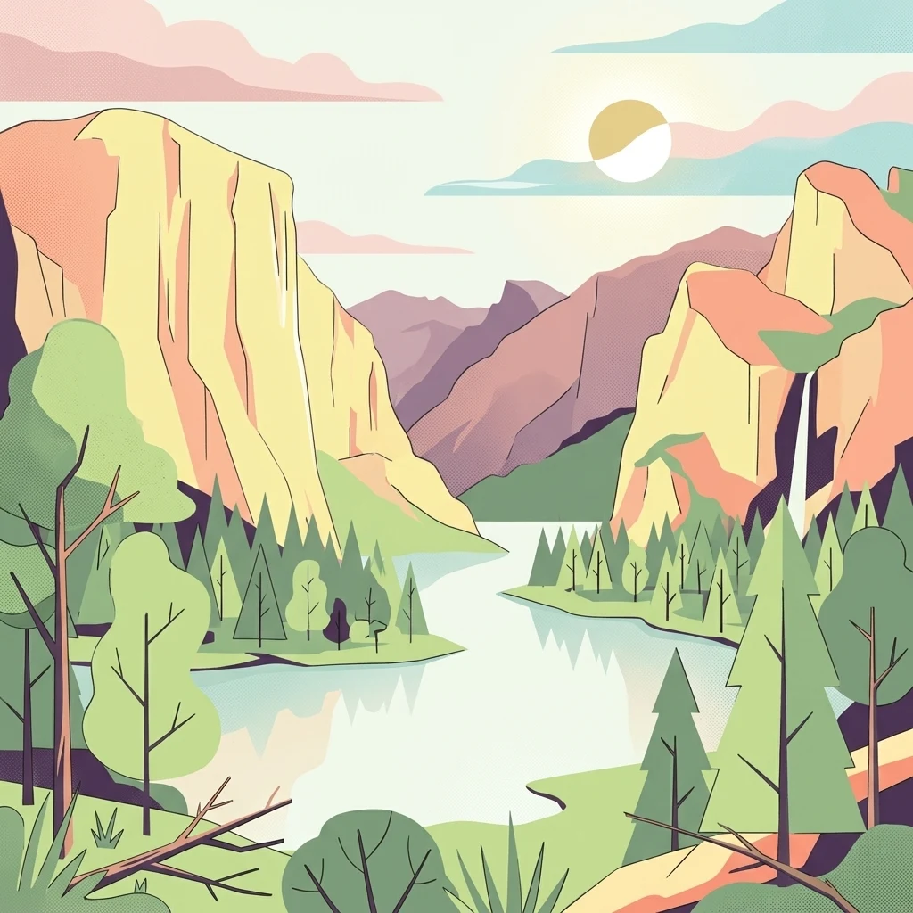 A stylized vector illustration of a mountainous valley featuring a winding river in the foreground, steep cliffs, coniferous trees, and a waterfall on the right, under a pale sun.