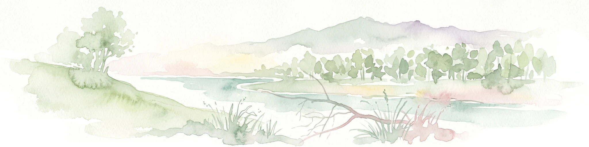 A pale, soft-toned watercolor painting showing a wetland scene with grass, trees, and distant hills.