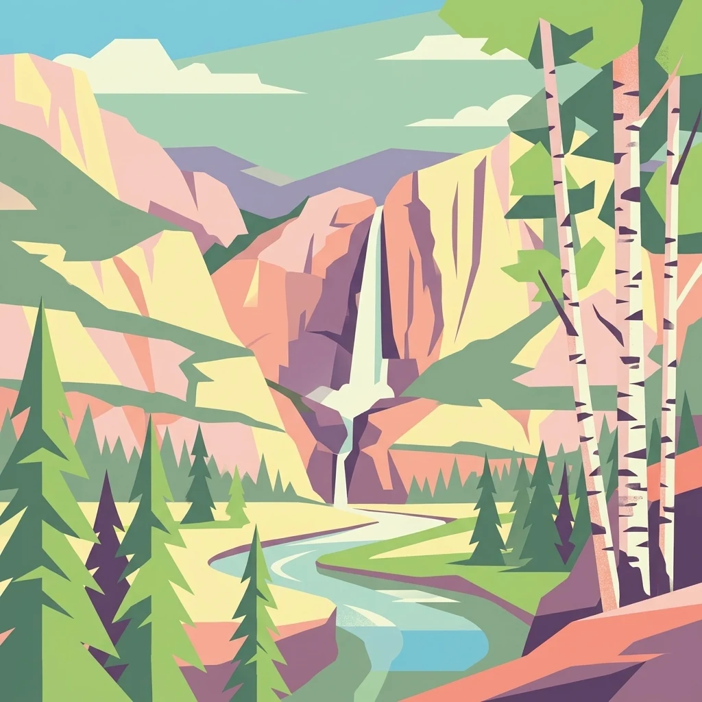 An artistic graphic illustration featuring a waterfall cascading down a rocky mountain valley into a winding river, surrounded by birch and pine trees in a flat, colorful geometric style.