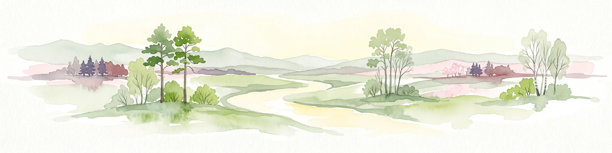 Una ilustración horizontal en acuarela que muestra un arroyo serpenteante que atraviesa un paisaje pantanoso y plano con árboles dispersos y colinas onduladas a lo lejos.