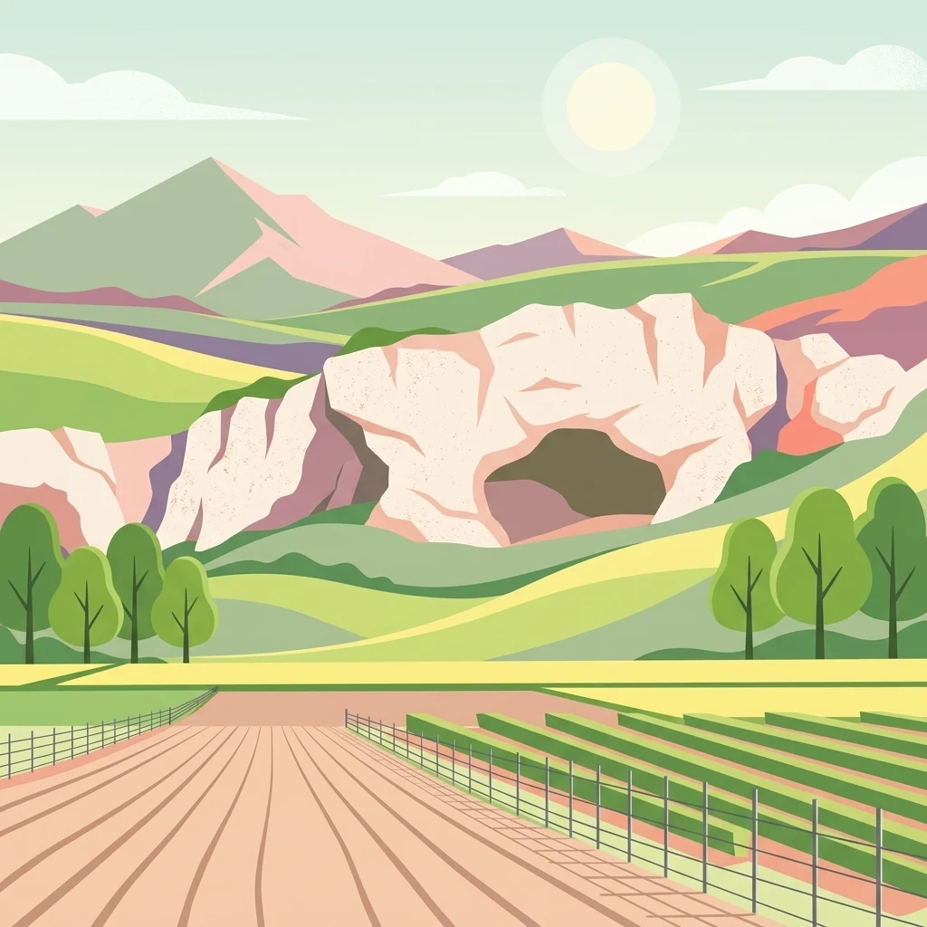 A flat vector style illustration depicts a light-colored gypsum rock formation with a prominent cave opening, set against rolling hills, green meadows, and agricultural rows in the foreground.