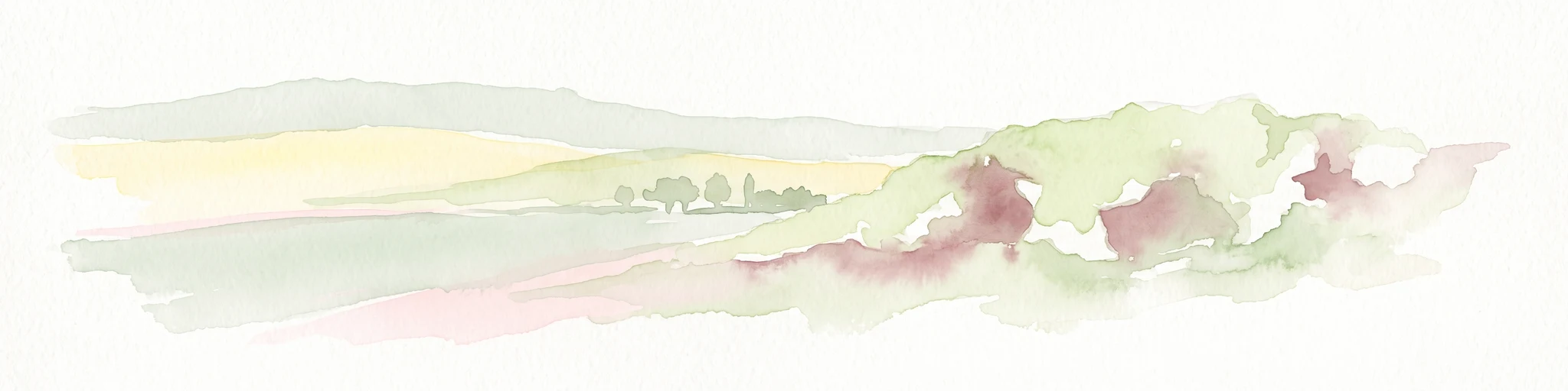 Watercolor painting of a rolling landscape with green and muted red washes, depicting the Schwellenburg hill region.