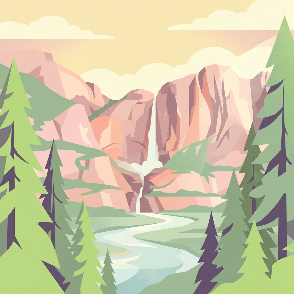 Ilustración estilizada que muestra picos montañosos con una cascada cayendo en un río, rodeada de pinos bajo un cielo claro