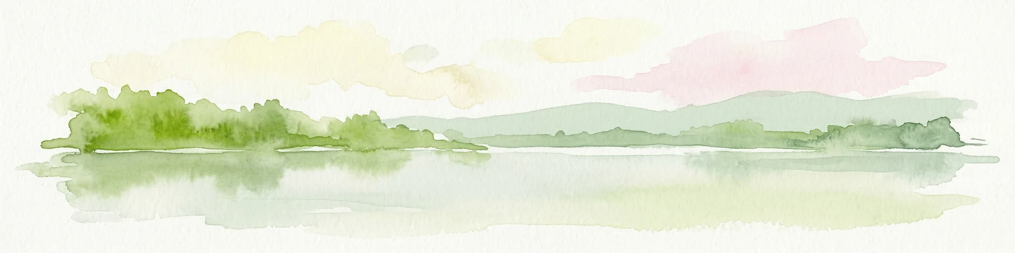 Pintura de acuarela de un lago con islas boscosas verdes y montañas distantes bajo un cielo pastel