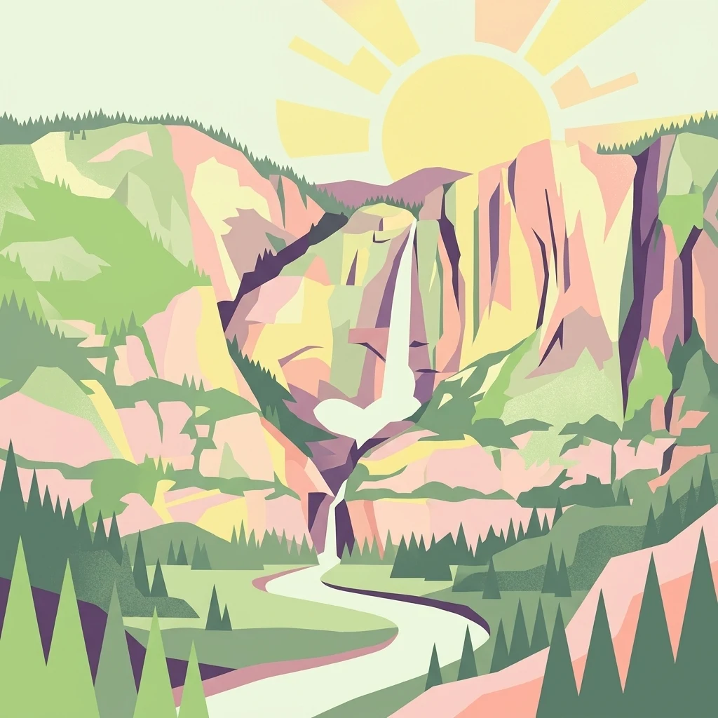 An artistic illustration featuring geometric shapes of pink, yellow, and green, depicting a mountain valley with a waterfall cascading down a cliff into a river, with evergreen trees in the foreground and a sun in the background.