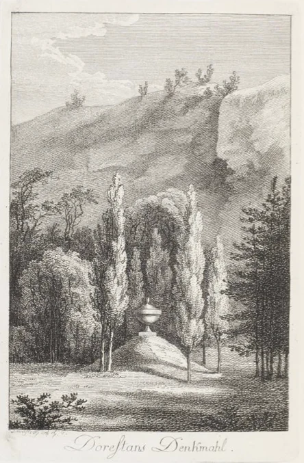A vintage black and white engraving showing a classical urn-style monument on a small mound surrounded by tall slender trees in a park setting.